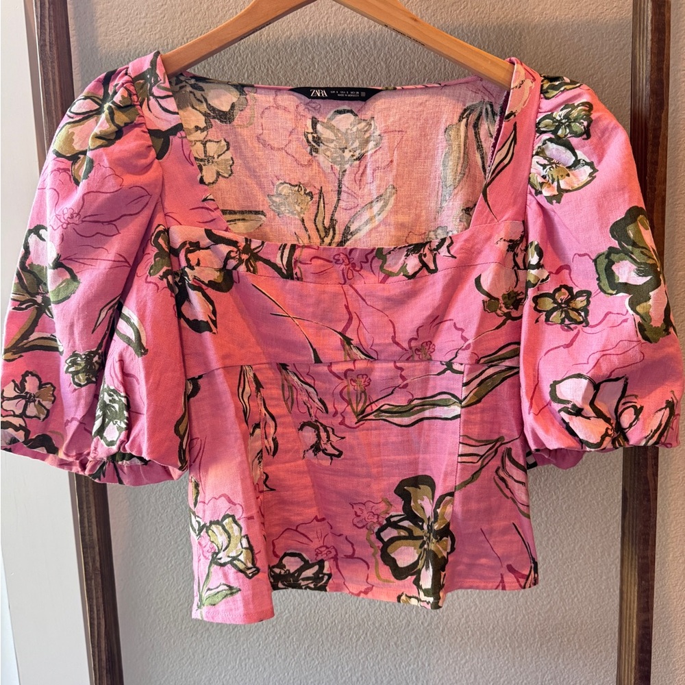Zara Pink Floral Puff-Sleeve Square-Neck Blouse